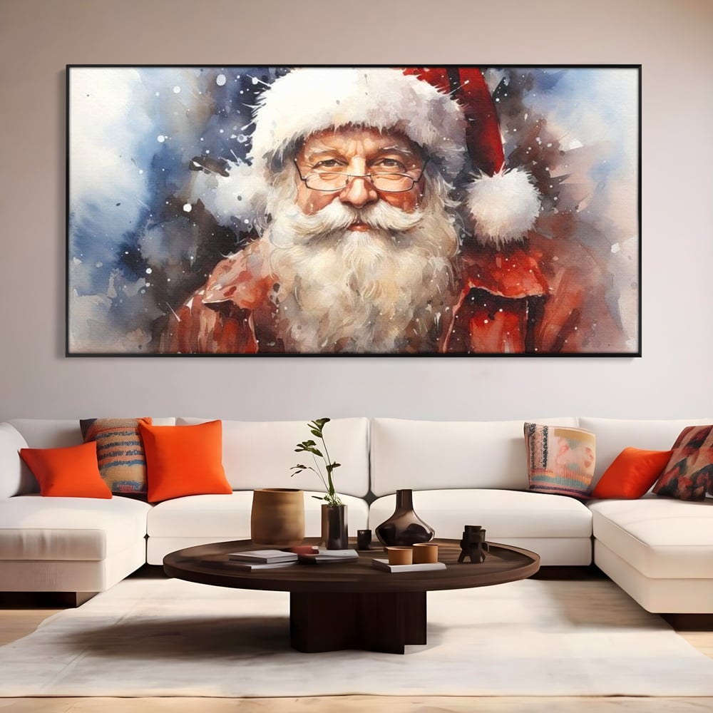 Tablou canvas cu tablou canvas cu mos craciun, in rama de aluminiu negru, pe perete intr-un living